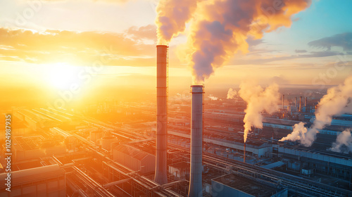 Industrial smokestacks releasing steam at sunset, showcasing the impact of industry on the environment.