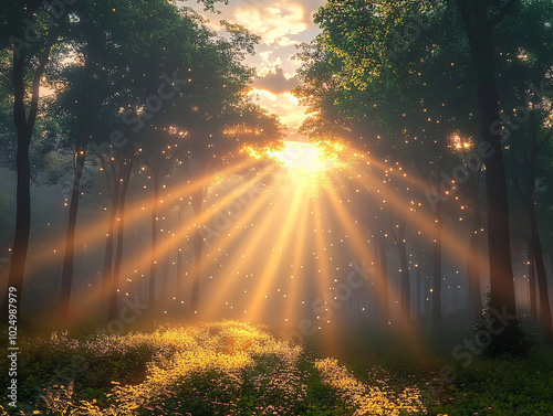 a sunset scene with rays of light streaming through trees onto a path. The light creates a warm and inviting atmosphere. photo