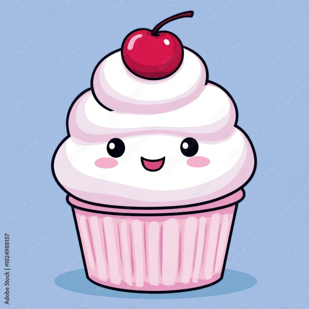 A cute cartoon cupcake with a cherry on top, smiling cheerfully. A cute cartoon cupcake with a cherry on top, smiling cheerfully.