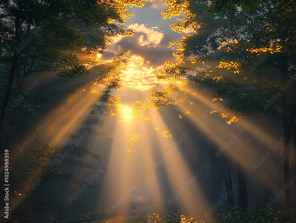 a sunset scene with rays of light streaming through trees onto a path. The light creates a warm and inviting atmosphere. a sunset scene with rays of light streaming through trees onto a path. The light creates a warm and inviting atmosphere.