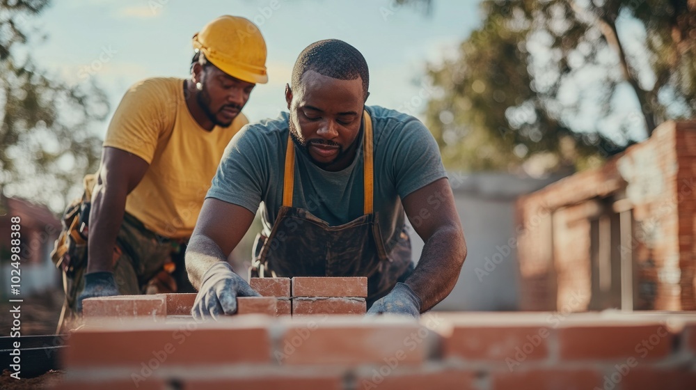 Two workers laying bricks on a construction site, focused on building a structure. Two workers laying bricks on a construction site, focused on building a structure.
