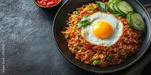 Indonesian Nasi Goreng Delight, vibrant fried rice topped with a golden egg, elegantly presented in the corner, enticing culinary experience