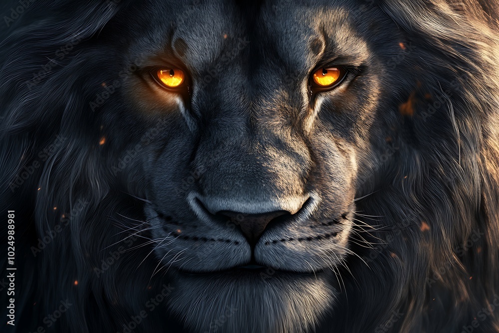 Majestic lion with fiery eyes, dark mane, and fierce expression.