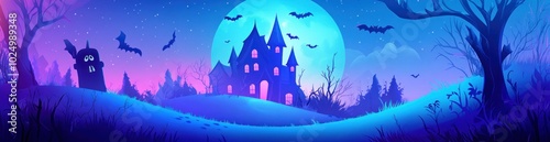 A spooky landscape featuring a haunted castle under a full moon with bats flying.