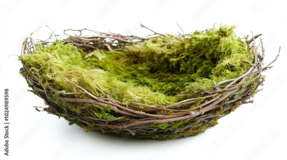 A natural bird's nest made from twigs and moss, designed for nesting or decoration. A natural bird's nest made from twigs and moss, designed for nesting or decoration.