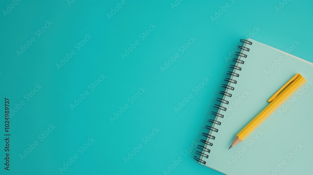Minimal Workspace with Notebook and Pencil on Turquoise Background Minimal Workspace with Notebook and Pencil on Turquoise Background