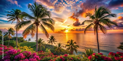 Tropical sunset view from above with palm trees and flowers