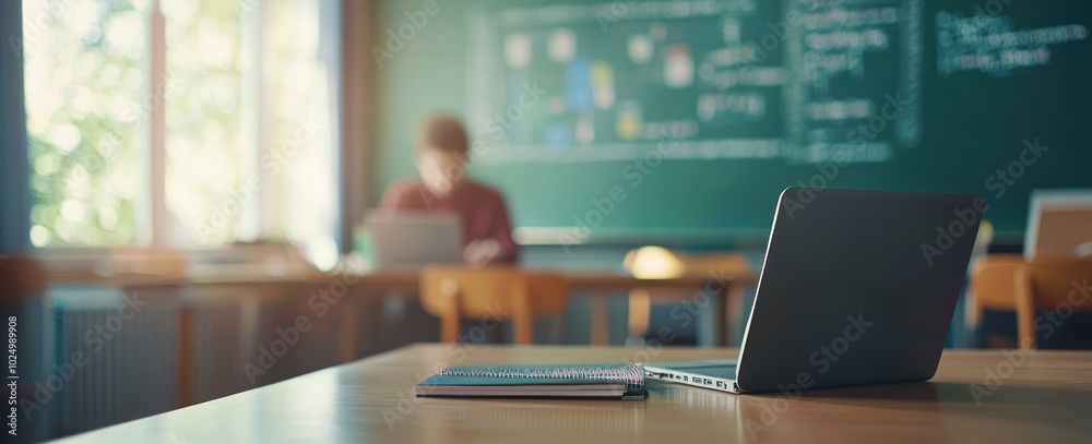 A classroom scene with a laptop and notebook, highlighting a study environment. A classroom scene with a laptop and notebook, highlighting a study environment.