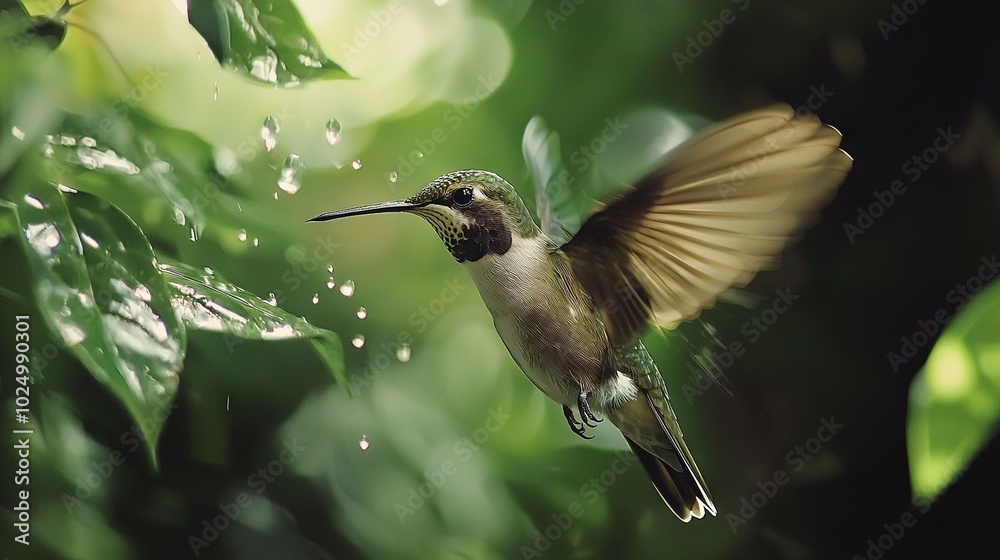 Fototapeta premium Hummingbird on wet branch, wings dripping