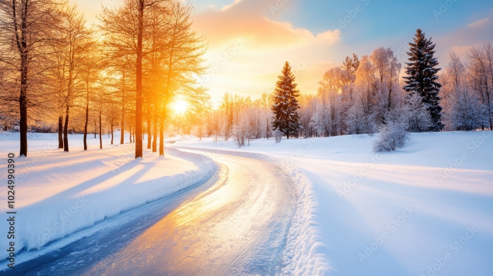 Sunset casts a golden glow over a serene, snow-covered winter landscape, AI Sunset casts a golden glow over a serene, snow-covered winter landscape, AI