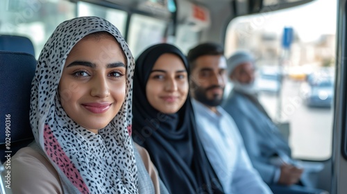 A diverse group from Saudi Arabia, Lebanon, and Oman using public transport for their morning commute, showcasing the intersection of work-life balance and urban mobility photo