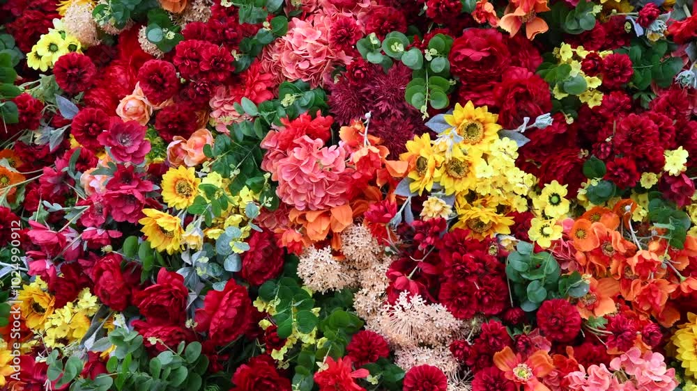 Abstract artificial flower background. Side view of wall of various colourful fake blooming flowers. Copy space. Soft focus. City street decoration theme. Abstract artificial flower background. Side view of wall of various colourful fake blooming flowers. Copy space. Soft focus. City street decoration theme.