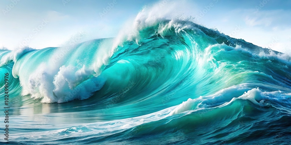 Stunning turquoise ocean waves with foaming crest on white background with depth of field Stunning turquoise ocean waves with foaming crest on white background with depth of field