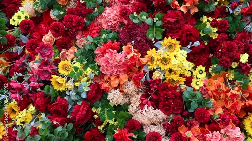 Abstract artificial flower background. Side view of wall of various colourful fake blooming flowers. Copy space. Soft focus. City street decoration theme.