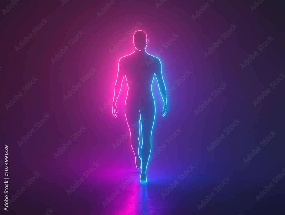 Neon silhouette of a person walking through a dark space. Neon silhouette of a person walking through a dark space.