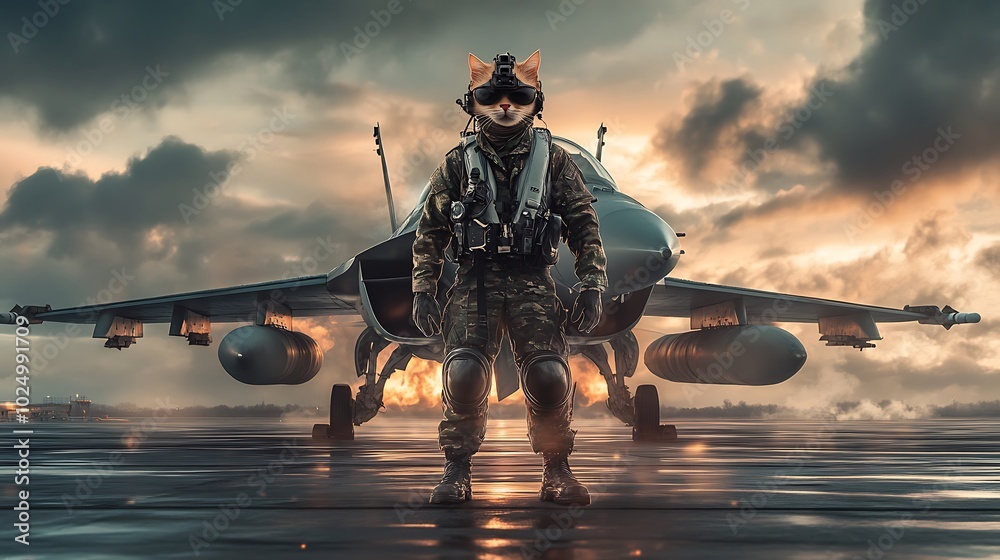 Pilot in flight suit standing near fighter jet, dramatic background