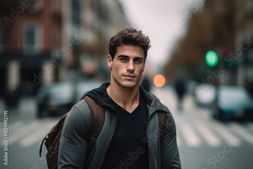 Portrait of a handsome young man with a backpack in the city