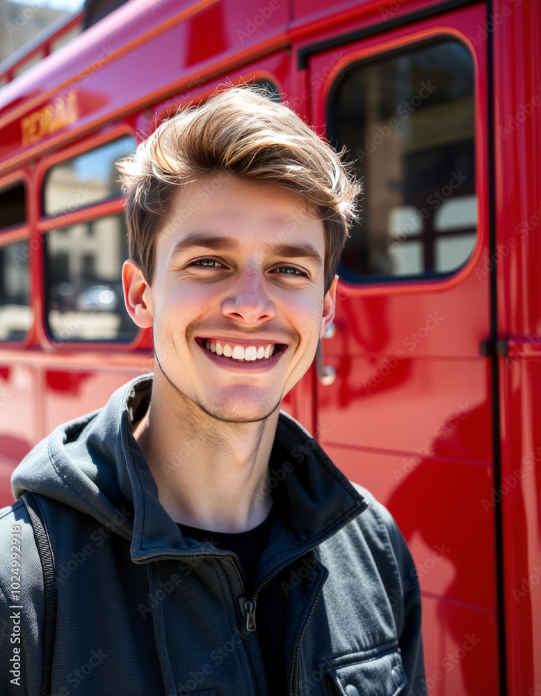 A bright smile spreads across the face of a young white man appr A bright smile spreads across the face of a young white man appr