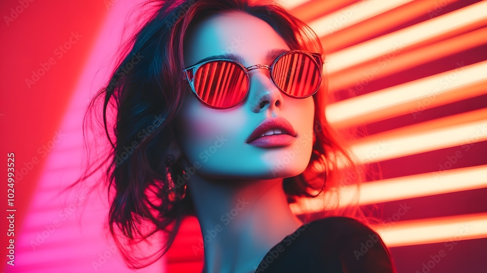 Fashionable Woman in Neon Sunglasses Posing with Colorful Lighting