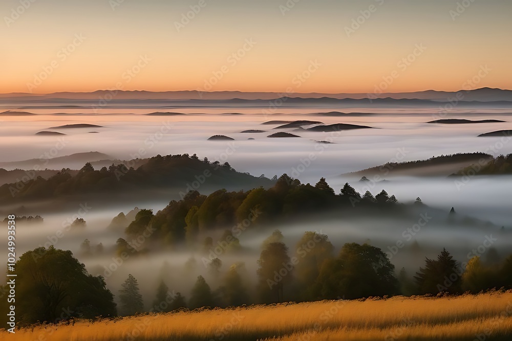 Golden glow on horizon as mist lifts. Golden glow on horizon as mist lifts.