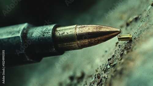   A macroscopic image of a bullet lodged within the surface of a wall, exhibiting a portion of its tip protruding from it photo