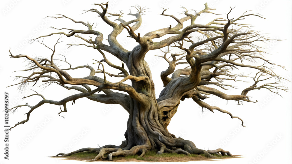 old, dead tree with a gnarled, twisted trunk and sparse branches, isolated against a white background. old, dead tree with a gnarled, twisted trunk and sparse branches, isolated against a white background.