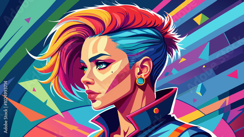 Young woman with shaved sides and brightly colored hair posing in profile