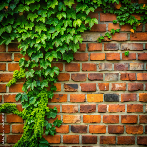 A vintage brick wall adorned with creeping ivy creates a charming