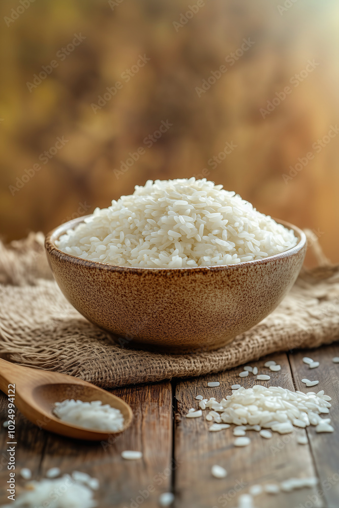 Bowl overflowing with white rice on woven mat against bright natural background.