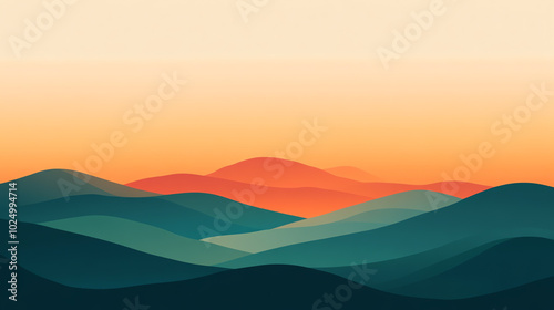 Abstract landscape illustration featuring layered hills in shades of green and orange against a tranquil background.