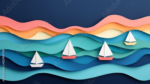 Layered paper cut ocean waves with boats, ideal for nauticalthemed home decoration, paper cut ocean, nautical decorative design photo