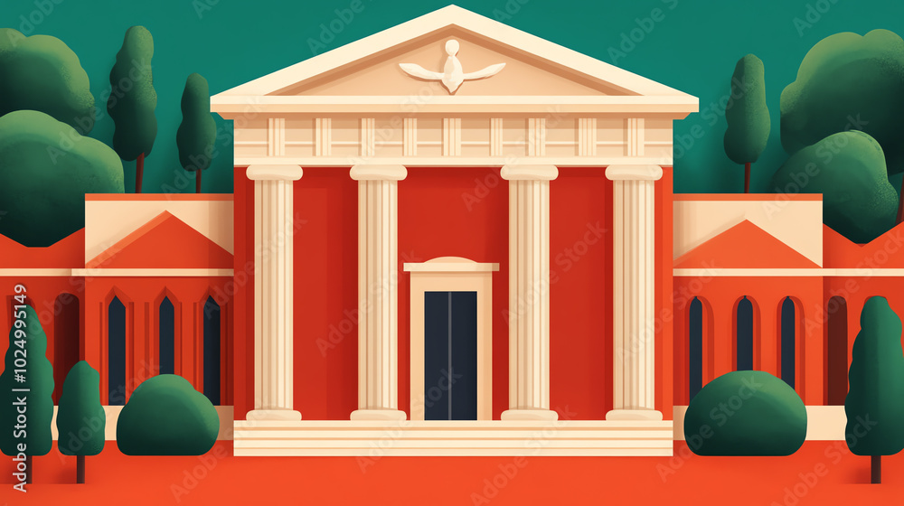 Fototapeta premium Illustration of a classical building with columns, featuring an ornate facade and surrounded by stylized trees, set against a vibrant background.