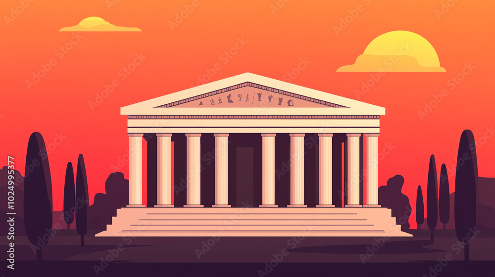 Obraz premium A classic architectural structure silhouetted against a vibrant sunset, showcasing grand columns and a serene landscape.