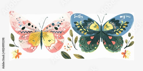 Colorful butterfly illustration featuring two vibrant, detailed butterflies with floral accents. Whimsical and decorative style perfect for home decor, wall art, or creative design projects.