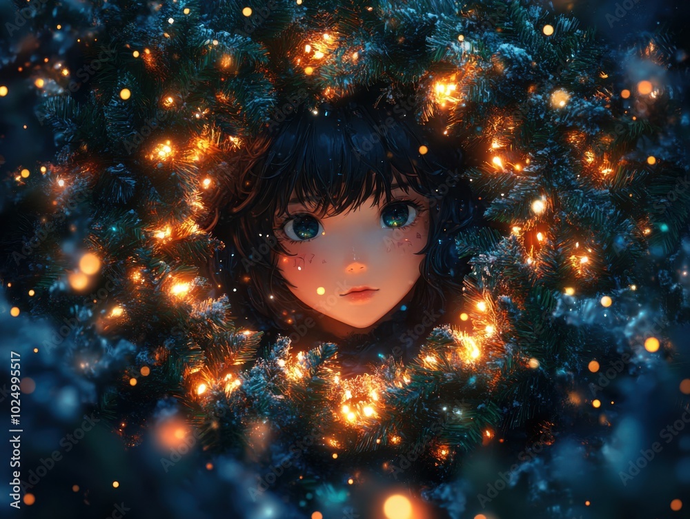 Anime girl surrounded by christmas lights in a snowy forest Anime girl surrounded by christmas lights in a snowy forest