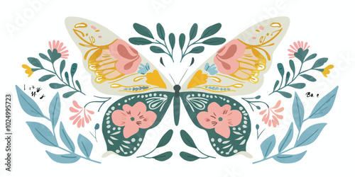 Colorful butterfly illustration featuring two vibrant, detailed butterflies with floral accents. Whimsical and decorative style perfect for home decor, wall art, or creative design projects. photo