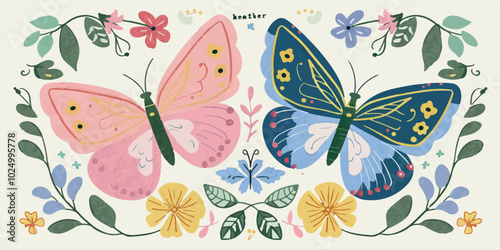 Colorful butterfly illustration featuring two vibrant, detailed butterflies with floral accents. Whimsical and decorative style perfect for home decor, wall art, or creative design projects.