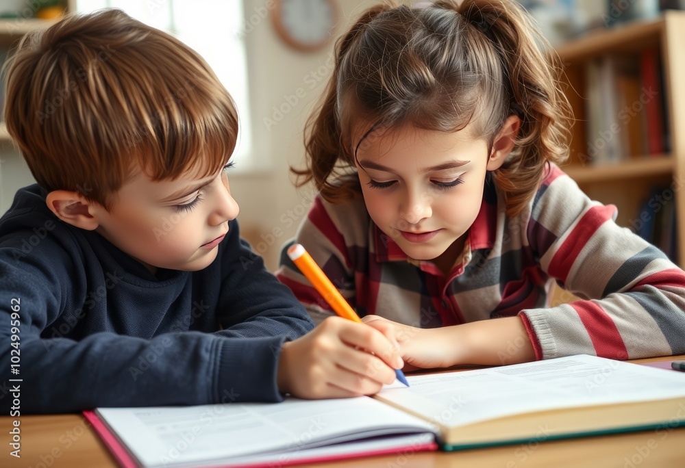 Siblings helping each other with homework in a close up perspect Siblings helping each other with homework in a close up perspect