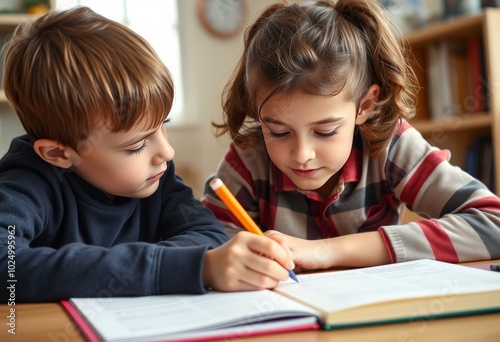 Siblings helping each other with homework in a close up perspect photo