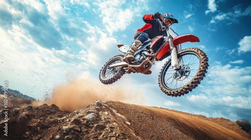 Motocross rider catching big air off a dirt jump, bike suspended mid-air over a rugged outdoor track, dust trailing behind  exhilarating sports action. photo