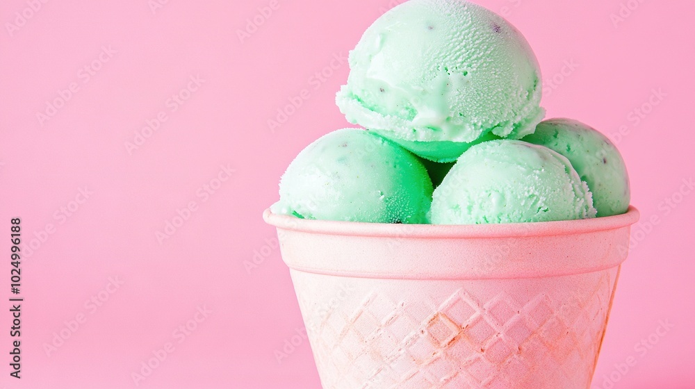 Three scoops of green ice cream on a pink ice cream cone with a pink surface and background Three scoops of green ice cream on a pink ice cream cone with a pink surface and background