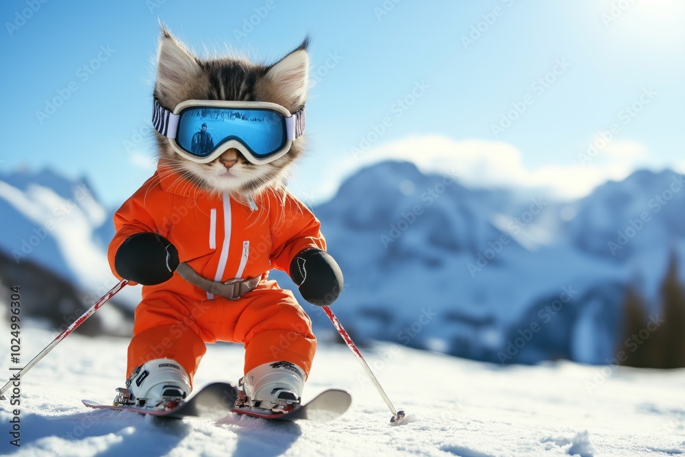 © miss irine - Cute cat wearing vibrant orange ski suit and goggles rides skis down snowy mountain. Cat holds ski poles in paws, positioned on mountain slope with snow-covered trees in background. © miss irine - Cute cat wearing vibrant orange ski suit and goggles rides skis down snowy mountain. Cat holds ski poles in paws, positioned on mountain slope with snow-covered trees in background.