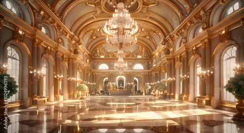 Grand and Luxurious Palace Hall with Gold Decor and Marble Floor