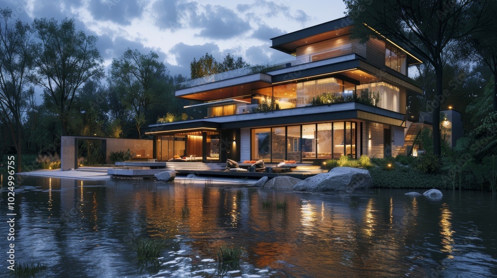 Fototapeta premium 3d rendering of modern house by the river at morning, house, luxury, villa, modern, architecture, building, exterior, residential, property, designer