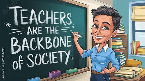 Cheerful Teacher at Blackboard Celebrating the Importance of Education and Society