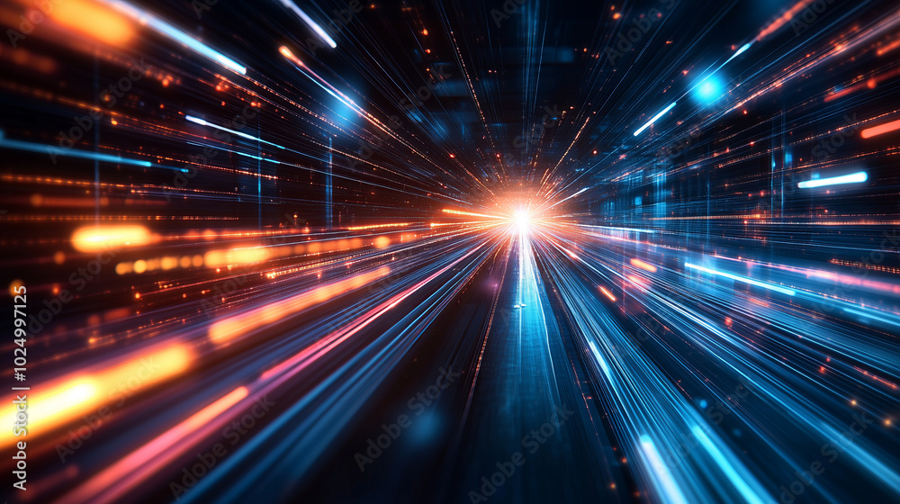 Abstract digital tunnel with glowing blue and orange streaks of light. Abstract digital tunnel with glowing blue and orange streaks of light.