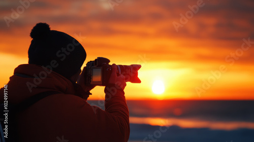 A man is taking a picture of the sun setting over the ocean