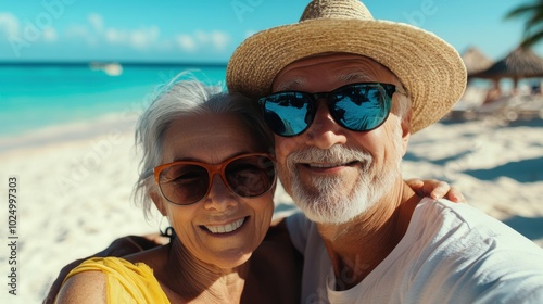 good-looking senior couple tourist. Enjoy free time outdoors near the sea on the beach. Looking at the camera while relaxing on a clear day Poses for travel selfies smiling happy tropical. #1024997303