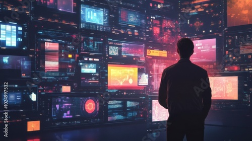 Back view of a man engaging with multiple interactive panels showing diverse social media platforms, analyzing the fast-paced, interconnected world of metaverse data.