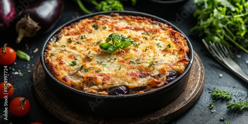 Greek moussaka with eggplant layers, viewed from above, vibrant colors and textures, inviting presentation of a classic dish